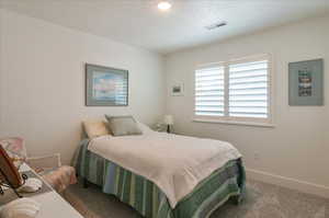 Bedroom featuring carpet flooring, a textured ceiling, and baseboards
