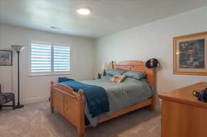 Bedroom featuring carpet, a textured ceiling, and baseboards