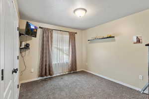 Carpeted spare room featuring a textured ceiling and baseboards