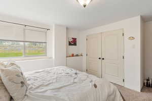 Carpeted bedroom featuring a closet