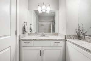 Bathroom featuring vanity, a chandelier, and a shower with curtain