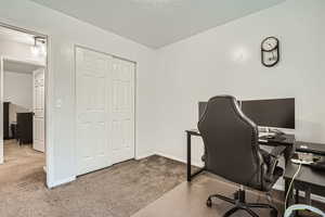 Carpeted home office with a textured ceiling and baseboards