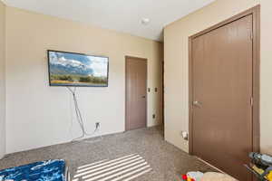 Unfurnished bedroom featuring carpet flooring and a closet