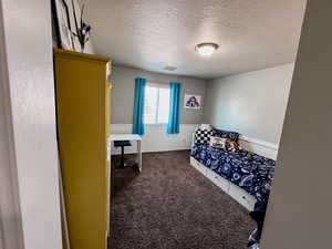 Bedroom featuring a textured ceiling and dark carpet