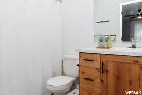Bathroom featuring toilet, vanity, and curtained shower