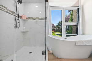 Full bathroom featuring a stall shower, healthy amount of natural light, and a freestanding tub