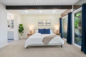 Bedroom with carpet floors, recessed lighting, wood ceiling with exposed beams, connected bathroom, and baseboards