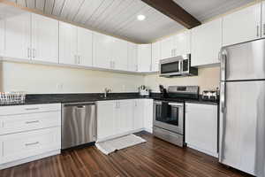 Kitchen featuring appliances with stainless steel finishes, wood ceiling with exposed beams, dark wood finished floors, white cabinetry, and a sink