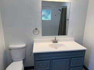 Bathroom with toilet, vanity, and a shower with curtain