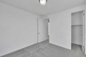 Unfurnished bedroom with carpet floors, baseboards, a closet, and a spacious closet