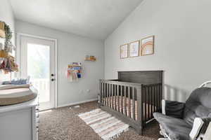 Carpeted bedroom with lofted ceiling and baseboards