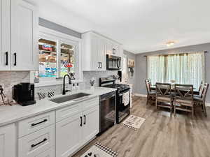 Kitchen featuring appliances with stainless steel finishes, a sink, light wood-type flooring, and tasteful backsplash