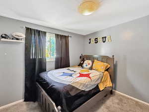 Bedroom featuring carpet floors and baseboards