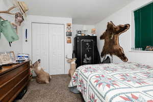 Carpeted bedroom featuring a closet