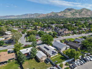 Aerial perspective of suburban area featuring mountains