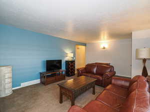 Carpeted living area with a textured ceiling and baseboards