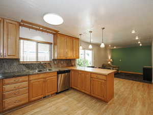 Kitchen with stainless steel dishwasher, open floor plan, a sink, a peninsula, and tasteful backsplash