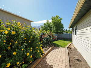 View of patio with a vegetable garden
