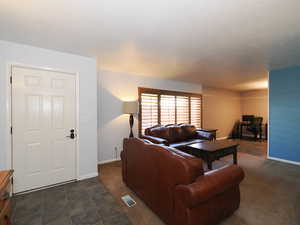 Living room featuring baseboards and dark carpet