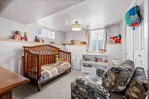 Bedroom featuring multiple windows and carpet flooring