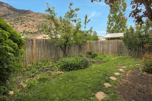 Fenced backyard with a mountain view