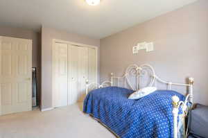 Bedroom featuring carpet flooring and a closet