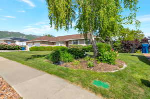 Ranch-style home featuring a garage, a front yard, a mountain view, and driveway