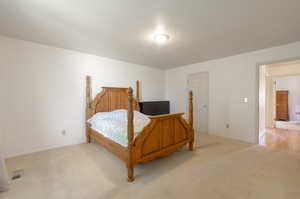 Bedroom with light colored carpet, baseboards, and a textured ceiling