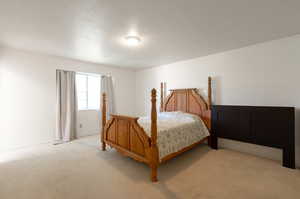 Bedroom featuring light colored carpet and a textured ceiling