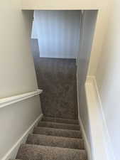 Stairs featuring carpet and baseboards