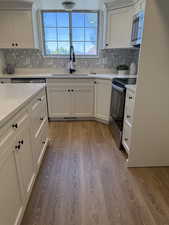 Kitchen with stainless steel appliances, a sink, wood finished floors, decorative backsplash, and white cabinets