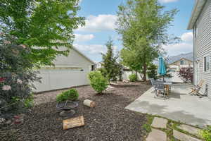 Fenced backyard with a patio