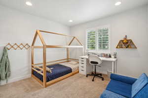 Bedroom with carpet, recessed lighting, baseboards, and an office area