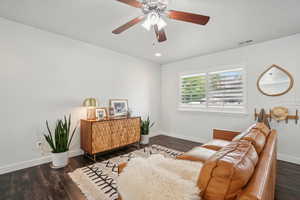 Living Room with a ceiling fan, baseboards, wood finished floors, and recessed lighting