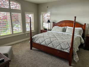 Primary Bedroom with carpet floors, plantation shutters, and baseboards