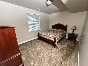 Carpeted bedroom featuring baseboards and a textured ceiling