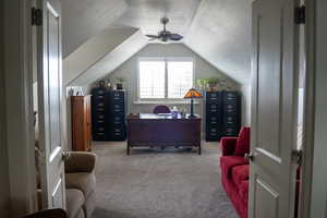 Office featuring carpet, lofted ceiling, a textured ceiling, and ceiling fan