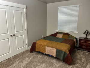 Bedroom featuring carpet floors and a closet