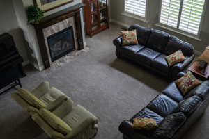 Living area featuring carpet floors, baseboards, and a high end fireplace