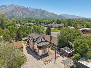 Bird's eye view of a mountainous background