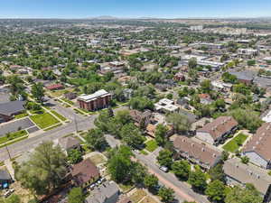 Aerial perspective of suburban area with mountains