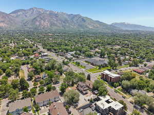 Aerial perspective of suburban area with mountains