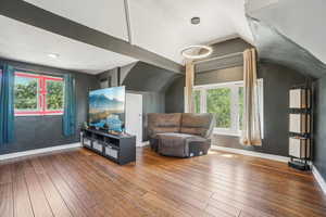 Enormous Third Floor Living room featuring hardwood flooring, healthy amount of natural light, vaulted ceiling, and cool lighting