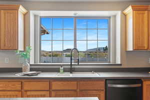 Kitchen featuring dishwasher, a sink, dark countertops, and brown cabinetry