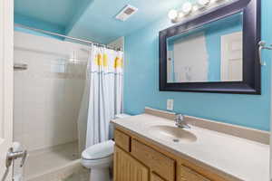 Full bathroom featuring toilet, a shower stall, and vanity