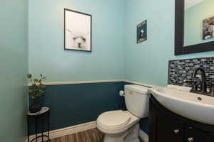 Bathroom featuring vanity, toilet, a wainscoted wall, wood finished floors, and decorative backsplash