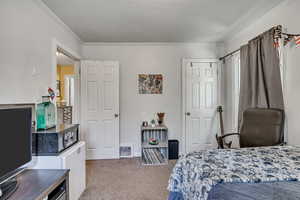 Carpeted bedroom featuring crown molding