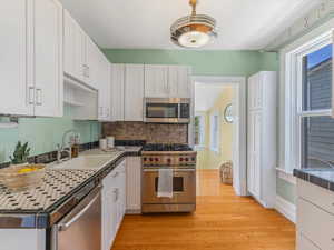 Kitchen with stainless steel appliances, a sink, white cabinets, light wood-style floors, and tasteful backsplash