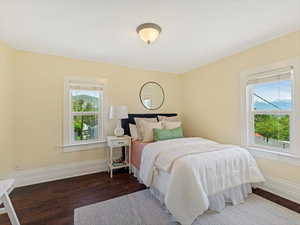 Bedroom featuring multiple windows, wood finished floors, and baseboards