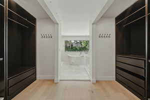 Spacious closet with light wood finished floors